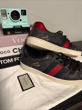 Gucci Men’s Black GG Supreme Sneakers with Red & Navy Web